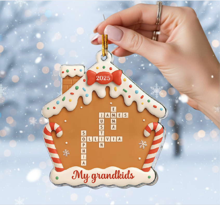 Personalized Grandkids Ornament 2025 – Custom Name Gingerbread House Christmas Ornament