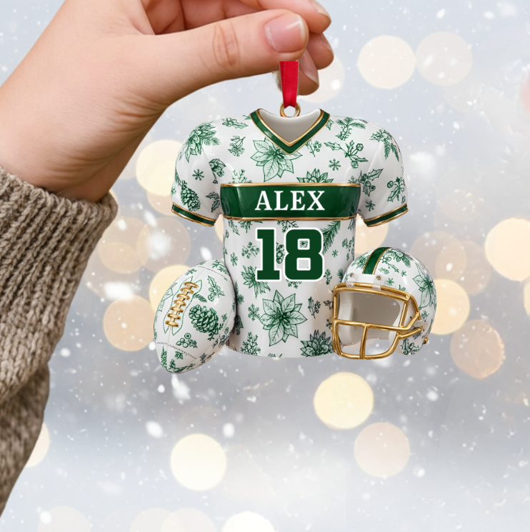 Personalized Christmas Jersey Ornament – Custom Name & Number Football Jersey Keepsake