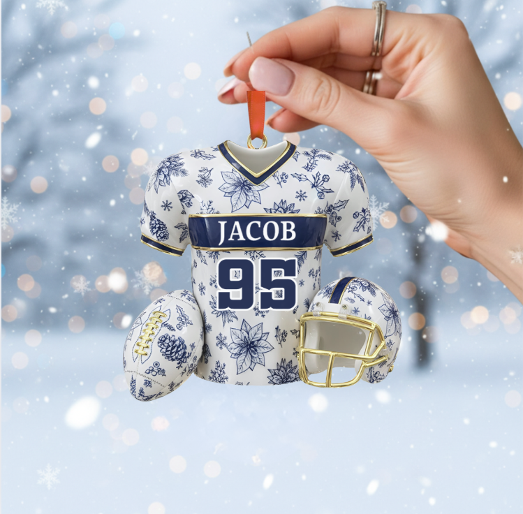 Personalized Christmas Jersey Ornament – Custom Name & Number Football Jersey Keepsake