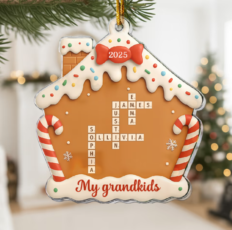 Personalized Grandkids Ornament 2025 – Custom Name Gingerbread House Christmas Ornament