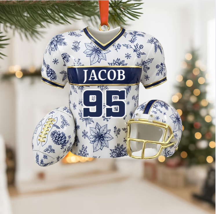Personalized Christmas Jersey Ornament – Custom Name & Number Football Jersey Keepsake