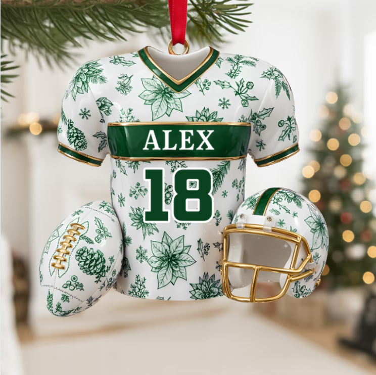 Personalized Christmas Jersey Ornament – Custom Name & Number Football Jersey Keepsake