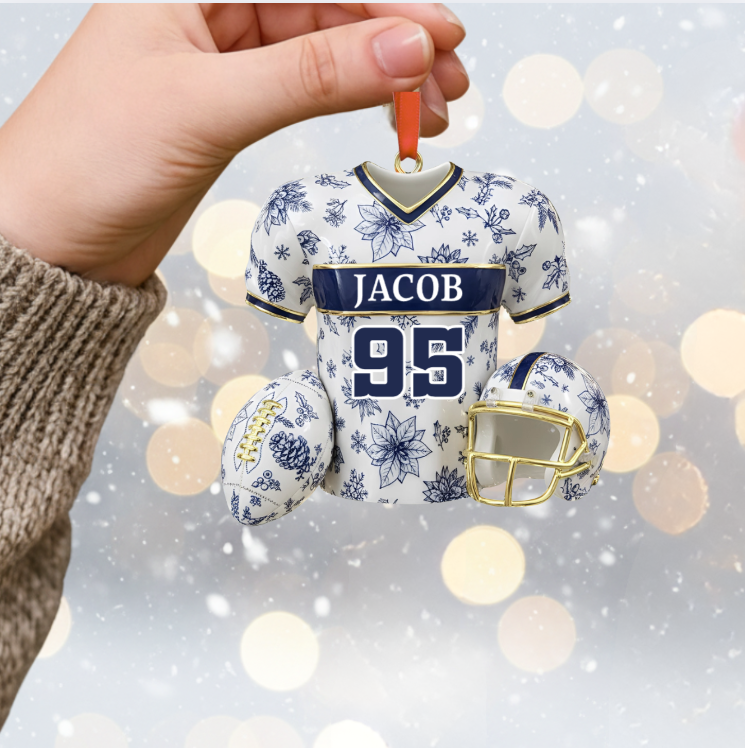 Personalized Christmas Jersey Ornament – Custom Name & Number Football Jersey Keepsake