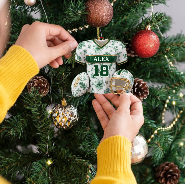 Personalized Christmas Jersey Ornament – Custom Name & Number Football Jersey Keepsake