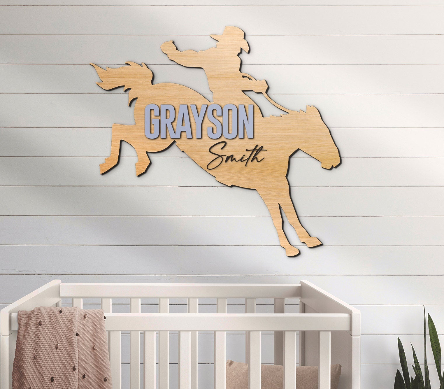 Cute Cowboy Riding Horse Wood Nursery Name Sign