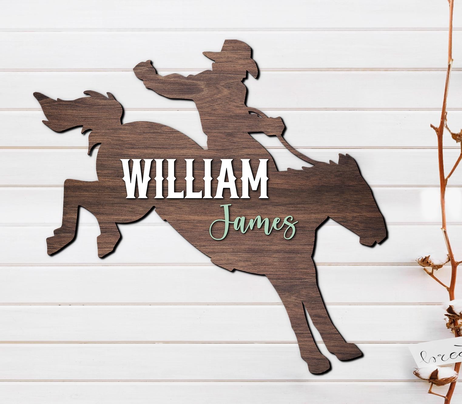 Cute Cowboy Riding Horse Wood Nursery Name Sign