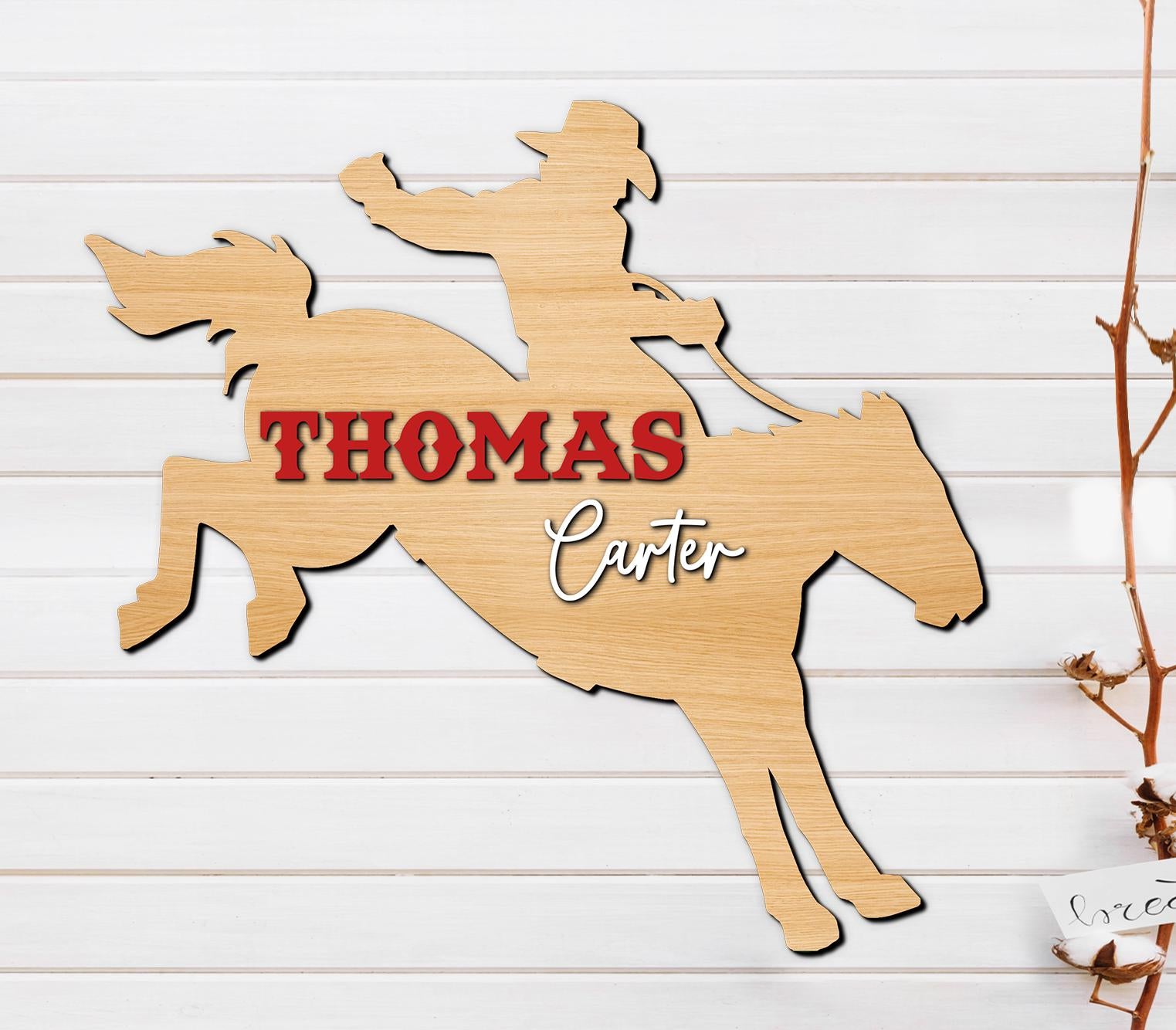 Cute Cowboy Riding Horse Wood Nursery Name Sign
