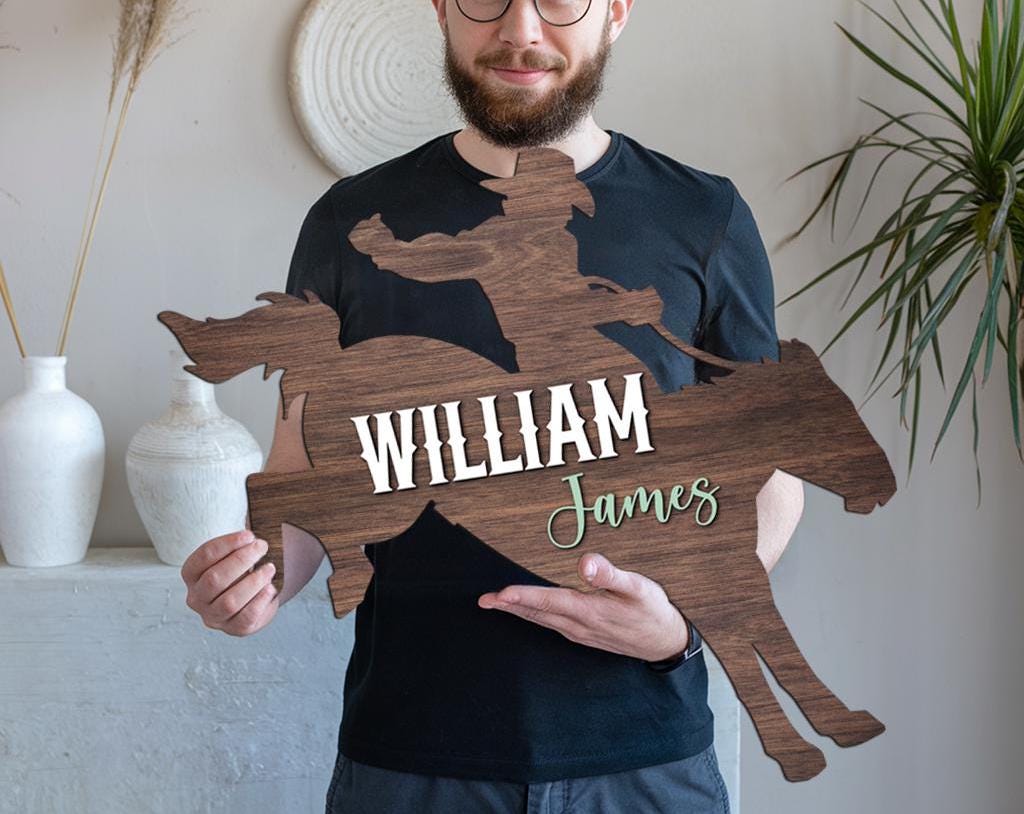 Cute Cowboy Riding Horse Wood Nursery Name Sign